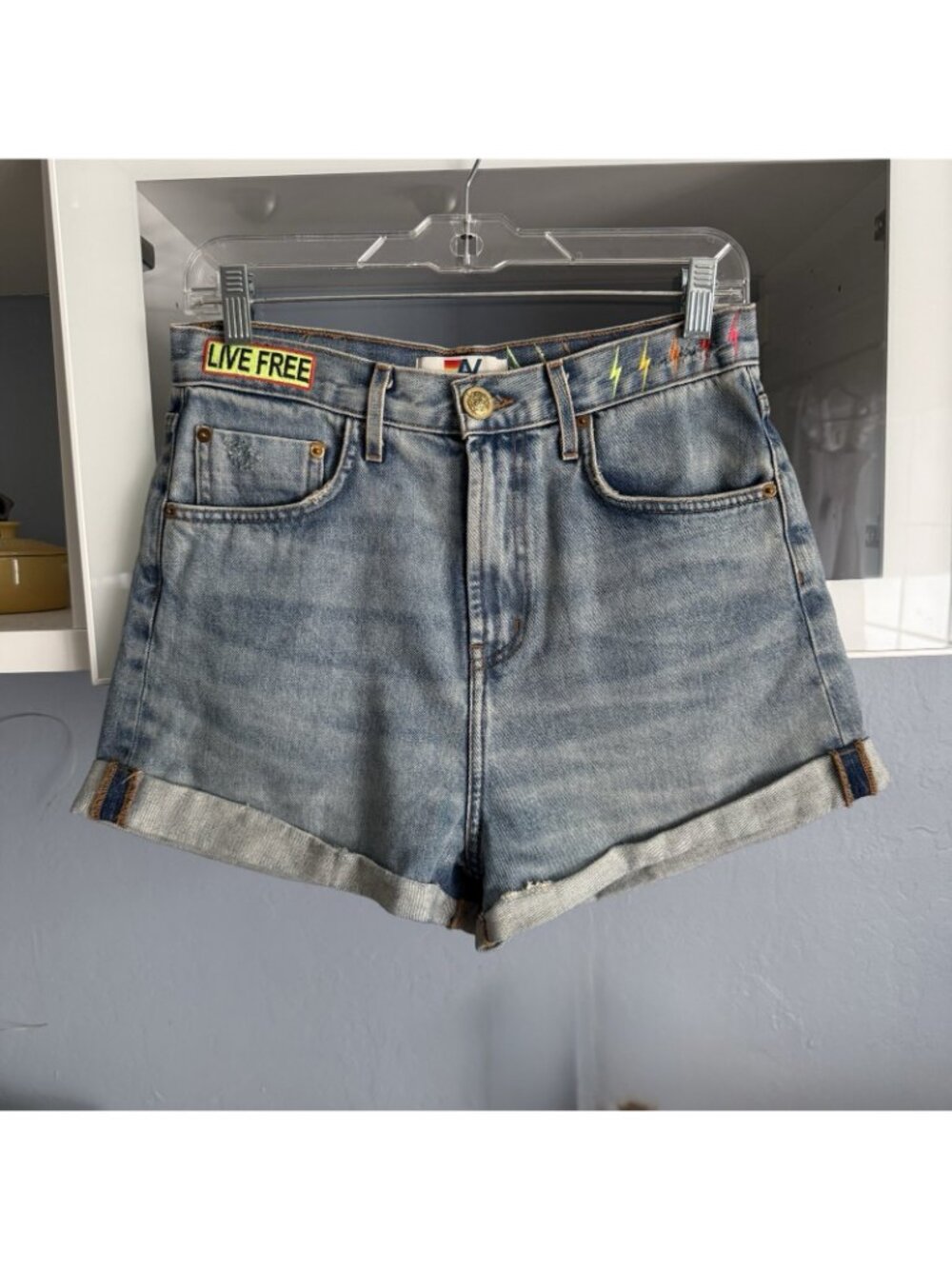 Aviator Nation Hi-Rise Rocker Live Free Bolt Jean Shorts Embroidered